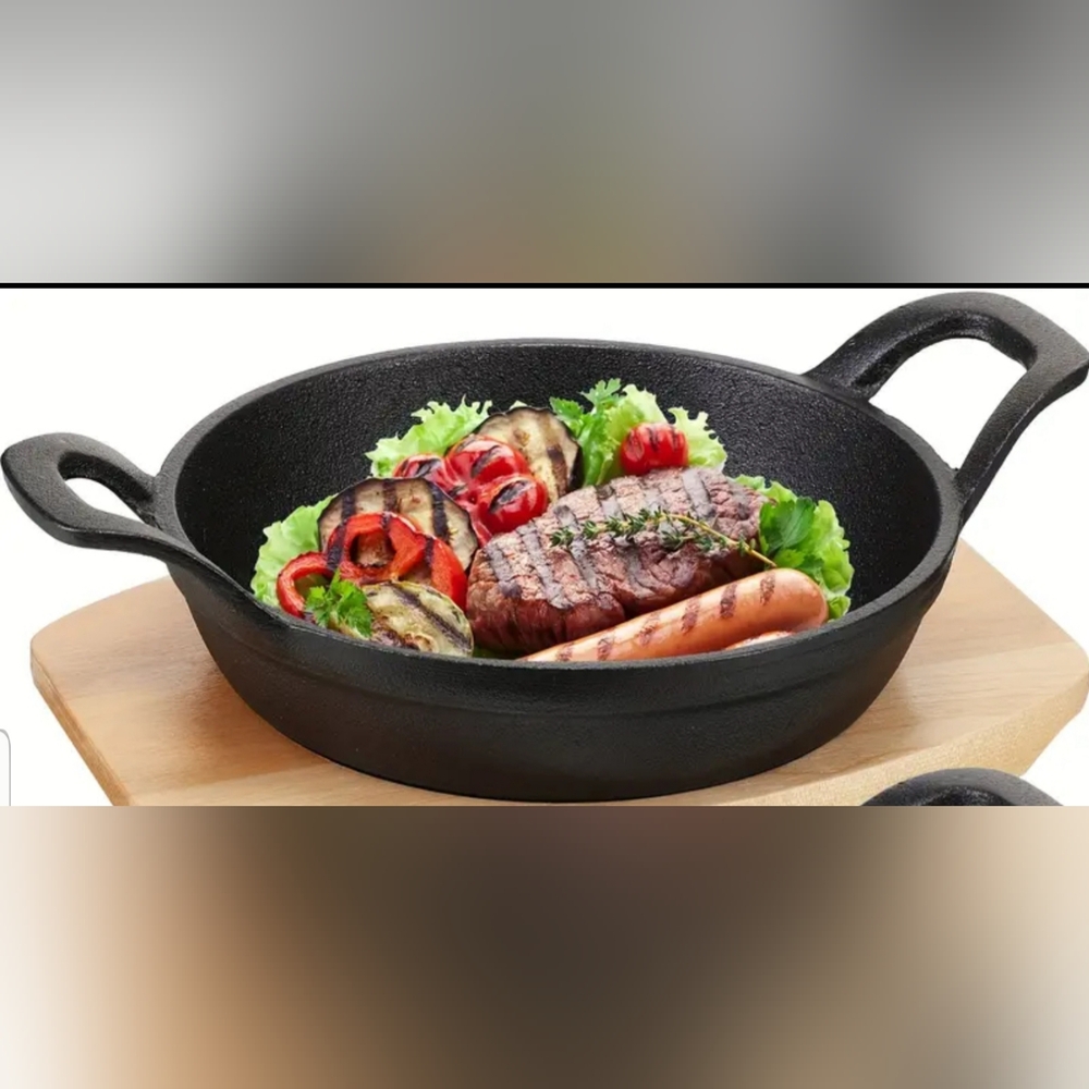 1 Double Handle Cast Iron Skillet & Wooden Tray Set - NWOB - Picture 6 of 10
